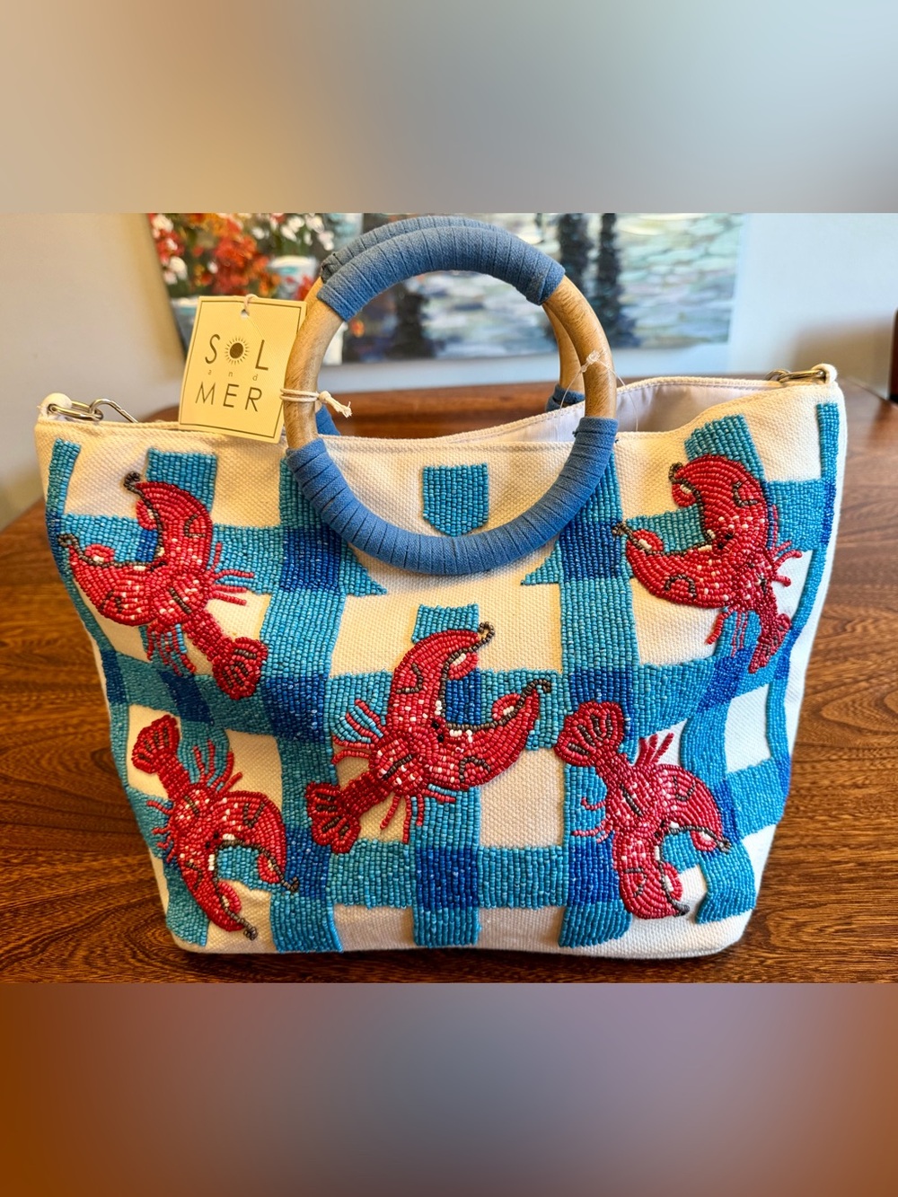 Viral Sol Mer Blue Check Tote with Red Beaded Lobsters